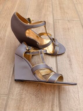 Coach Taupe Wedge Sandals with Gold Trim